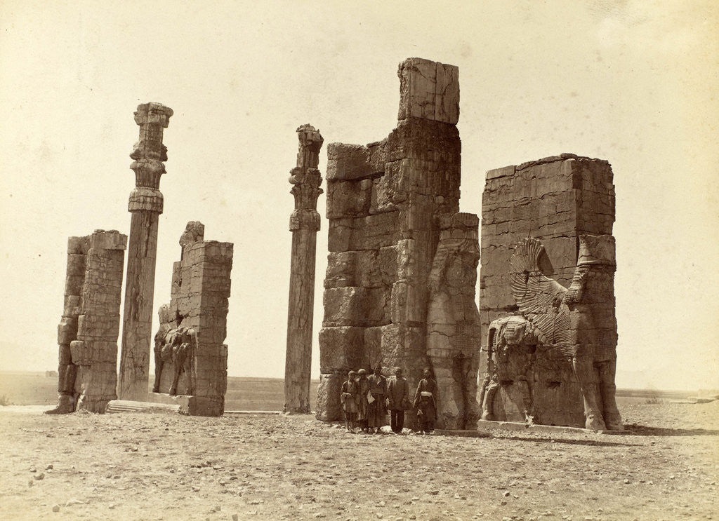 Detail of Group of men posing at the Gate of all Nations (Gate of Xerxes) at Persepolis Iran by Antoine Sevruguin
