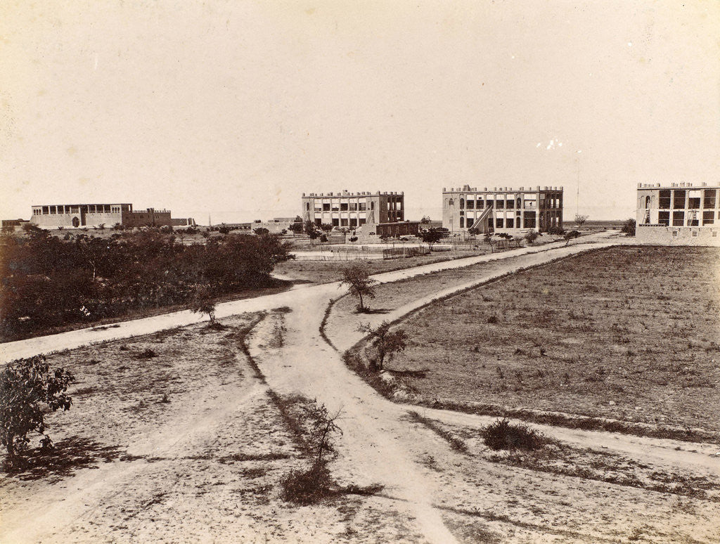 Detail of Four buildings along a road in Persia, probably telegraph offices by Antoine Sevruguin