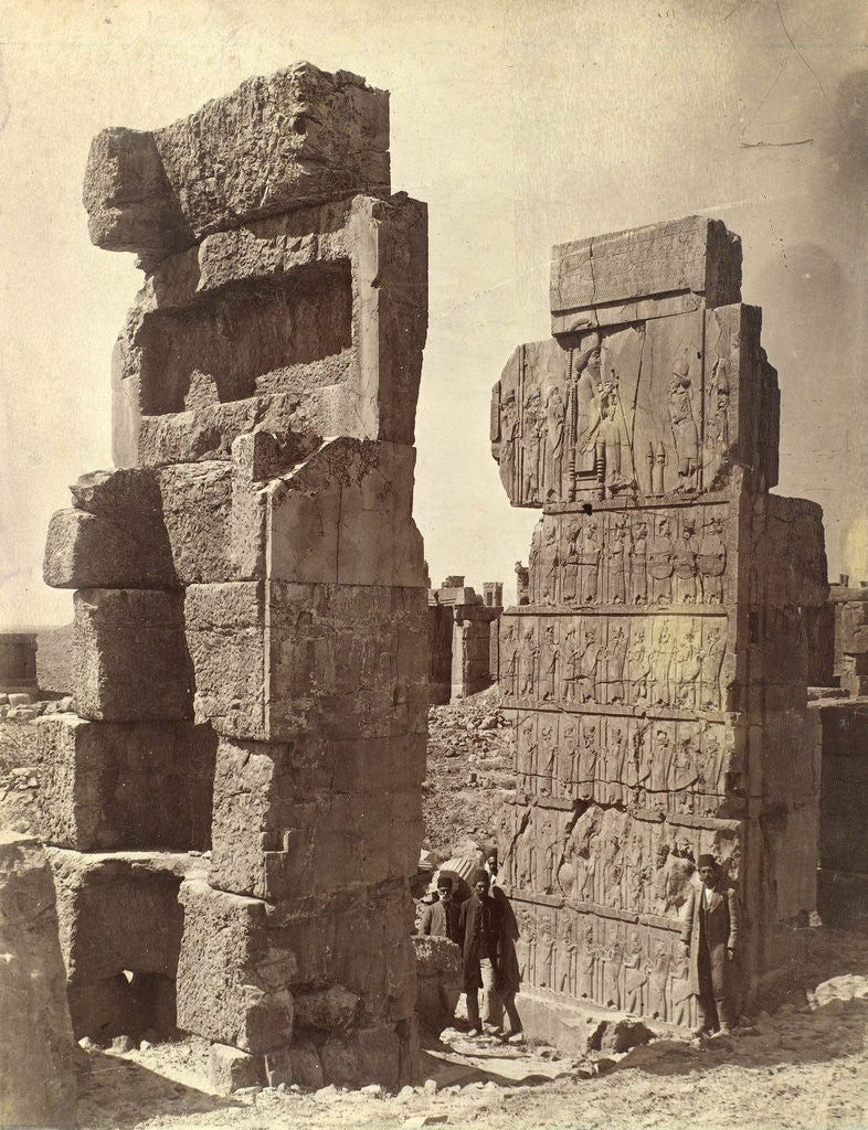 Detail of Three men posing with a relief of King Darius at Persepolis by Antoine Sevruguin