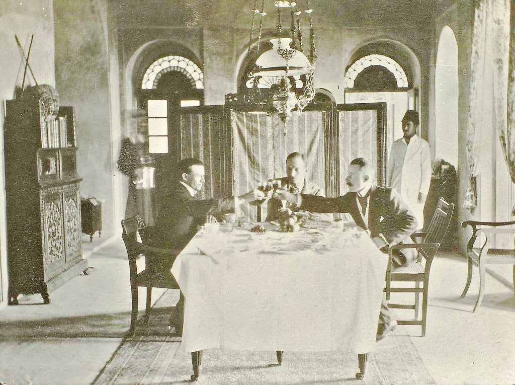 Detail of Group portrait in an interior of F.W. Emmerson, H. C. van der Zee, H. Pouderoyen in Buchire by Anonymous