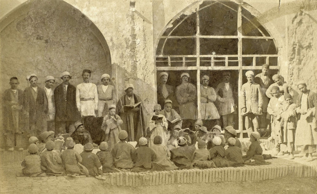 Detail of Reading students and adults in the courtyard of a school in Persia, Iran by Antoine Sevruguin