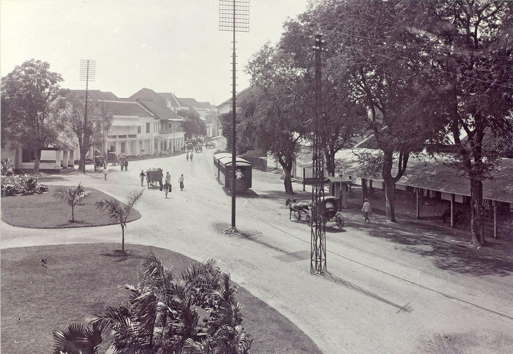 Detail of Surabaya with trams, trolleys and passersby, Indonesia by Anonymous