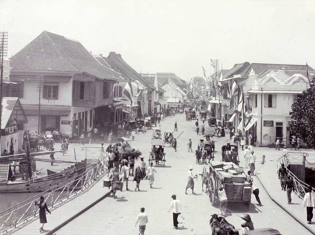Detail of Red Bridge in Surabaya with carts and passersby, Indonesia by Anonymous