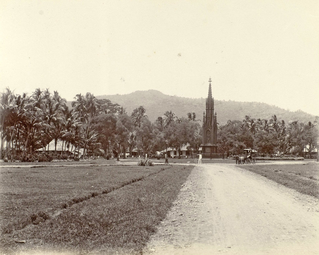 Detail of Monument on a square in the Dutch East Indies before a carriage and a velocipede, Indonesia by Christiaan Benjamin Nieuwenhuis