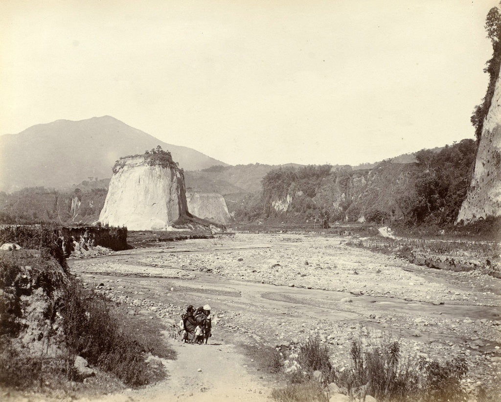 Detail of Indian women and children in a dry riverbed in an eroded landscape, possibly in Sumatra, Indonesia by Anonymous