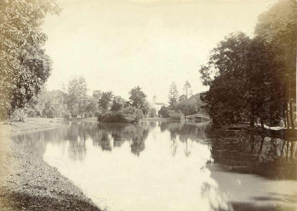 Detail of Water in the Dutch East Indies at the end with a bridge and a church tower by Anonymous