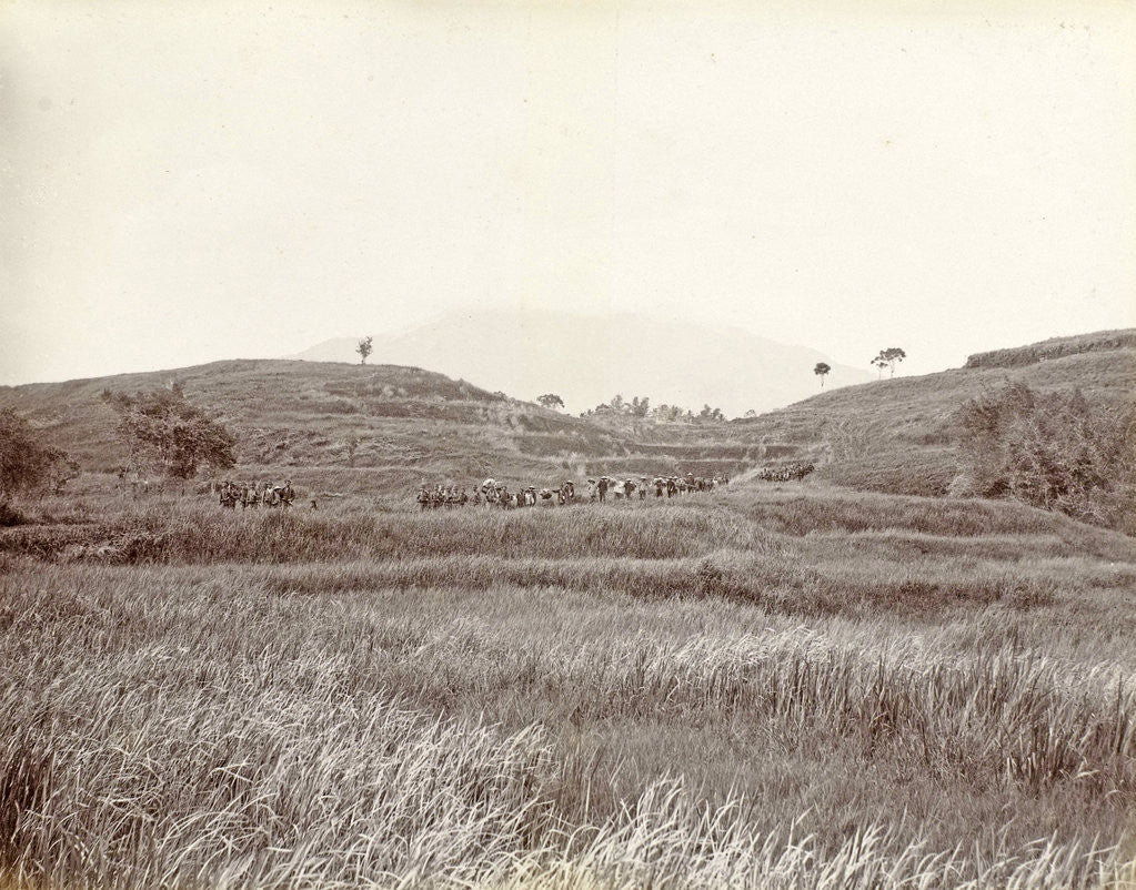 Detail of Soldiers and carriers in a mountain landscape in the Dutch East Indies by Anonymous