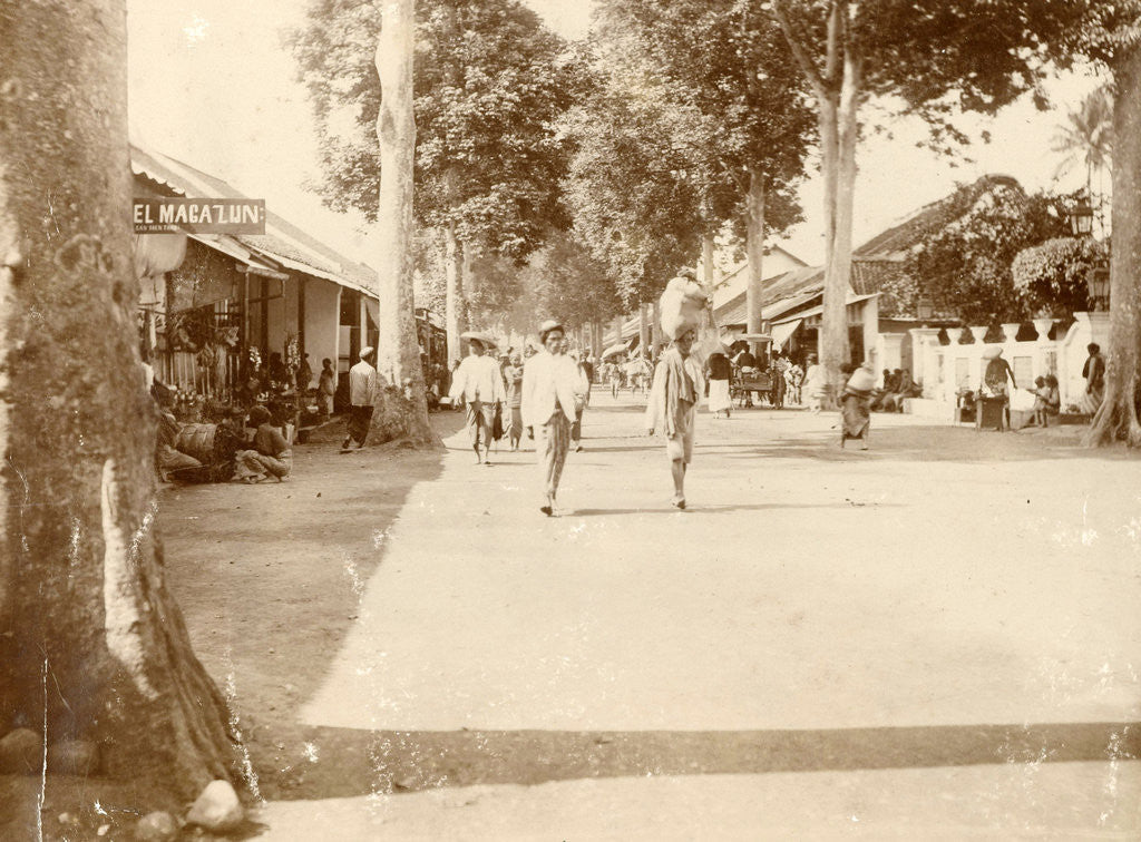 Detail of Street scene in the Dutch East Indies with passersby and shops by Anonymous
