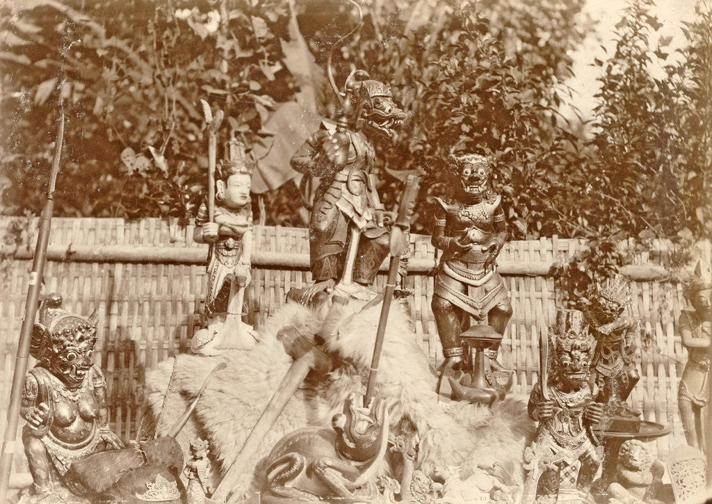 Detail of Group of wooden sculptures in the open air in the Dutch East Indies, Indonesia by Anonymous