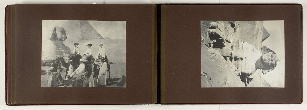 Detail of Egypt, pyramids and Sphinx of Giza with three European tourists on camels with Egyptian guides by C. & G. Zangaki