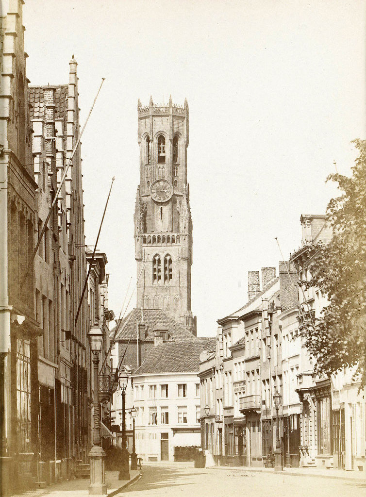 Detail of Street in Bruges at the end the belfry, Belgium by Victor Daveluy