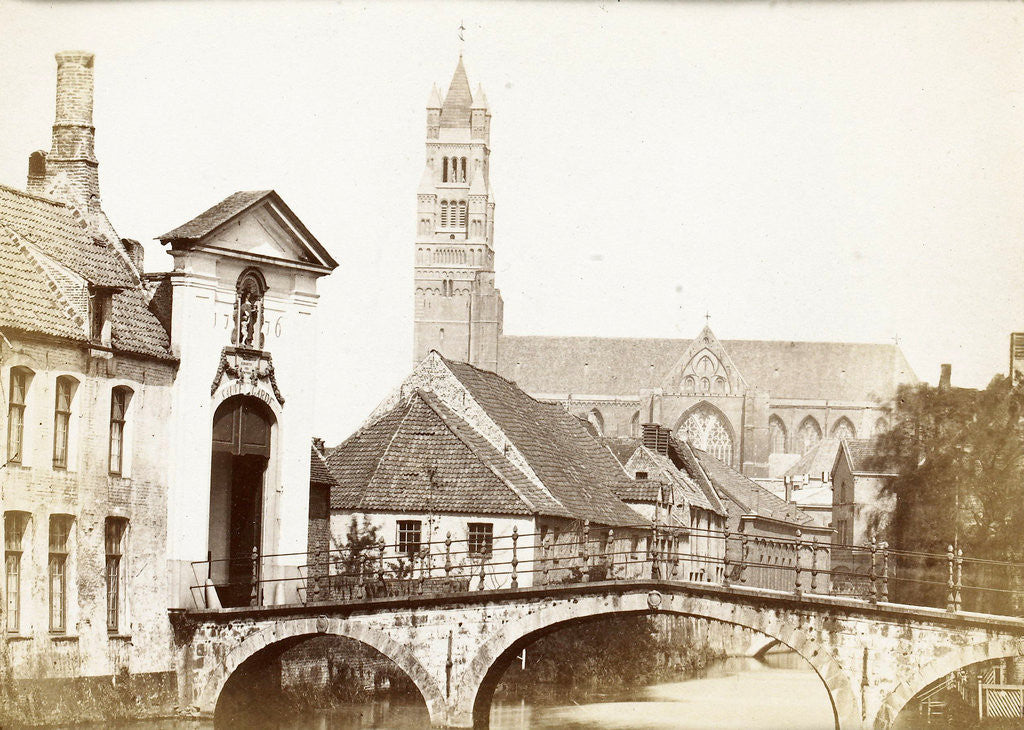 Detail of View of a gate, a bridge and a church in Bruges, Belgium by Victor Daveluy