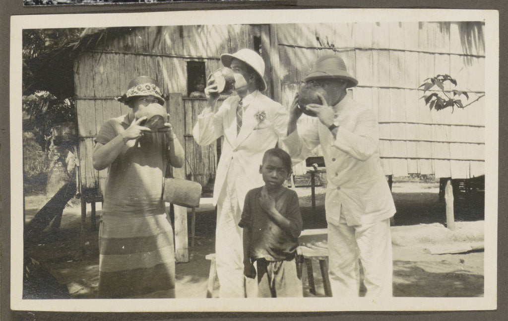 Detail of Two men in tropical clothing and a woman drinking from bowls, leading a boy by Anonymous