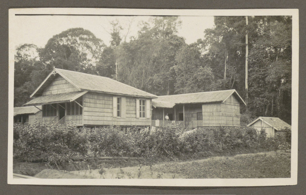 Detail of Two wooden houses with porches and an outbuilding by Anonymous