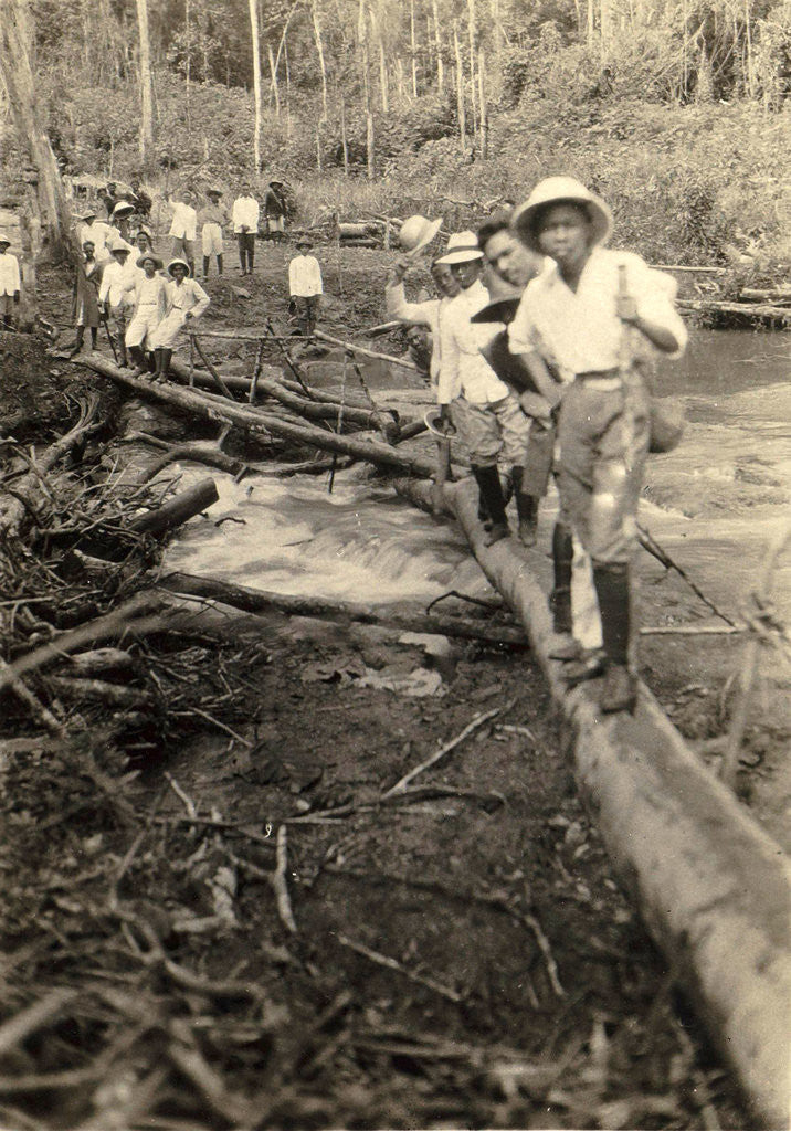 Detail of Indian men stabbing a log bridge by Anonymous