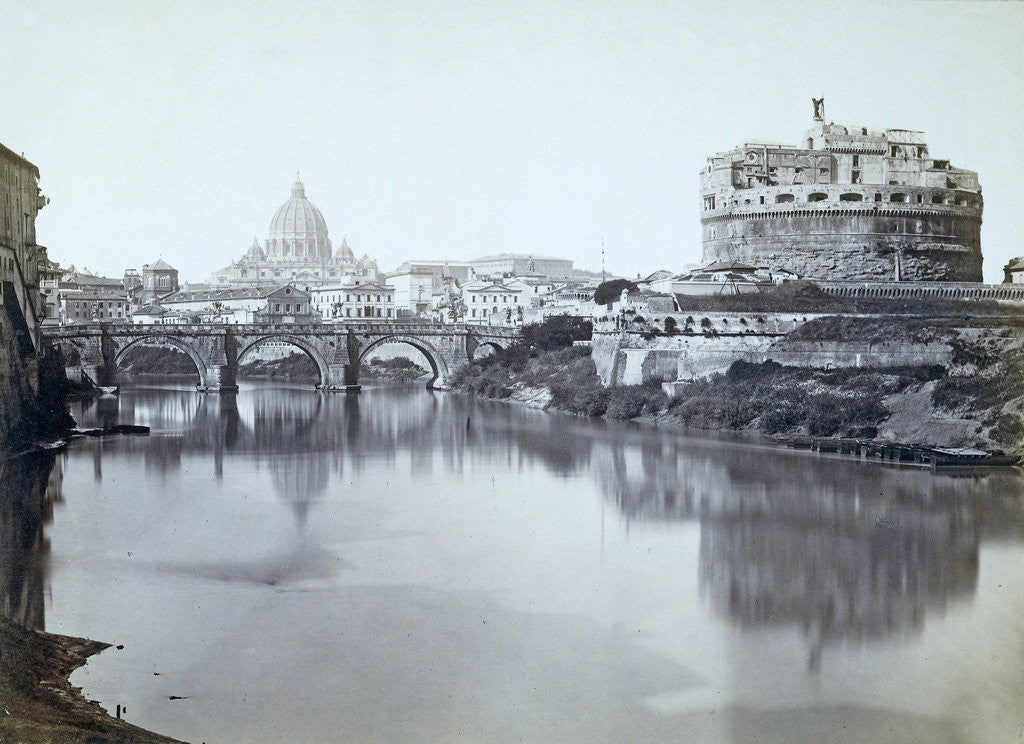 Detail of General view of the bridge, and castel st. Angelo with the Tiber and the dome of St. Peter's by Anonymous