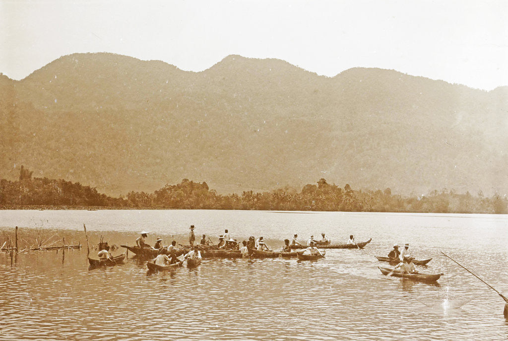 Detail of Sumatra indonesia, lake of Manindjan with native fishing boats by Christiaan Benjamin Nieuwenhuis