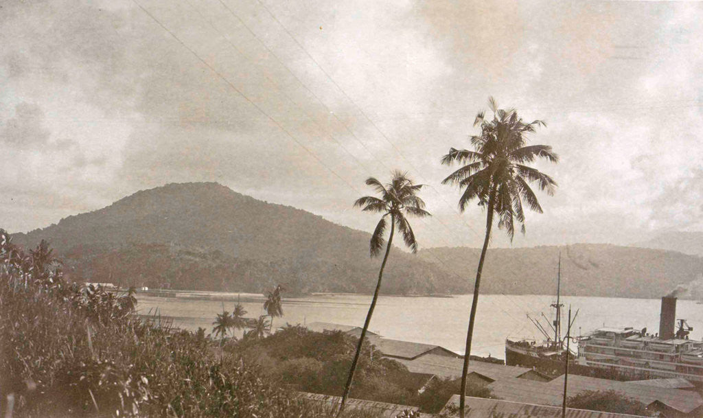 Detail of Sabang lake with mountains from roofs, with ship, Indonesia by Anonymous