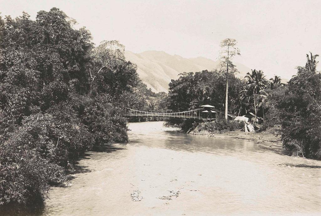 Detail of Dutch East Indies, indonesia, river Godang with suspension bridge by Anonymous