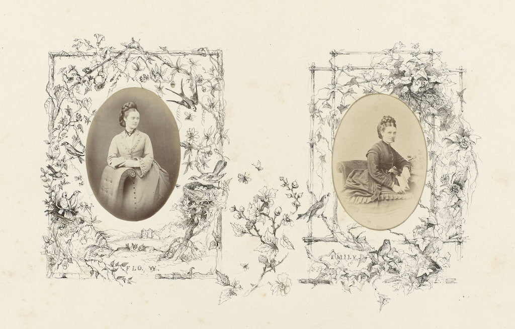 Detail of Portrait of woman bordered by drawing frame with flora and birds by Anonymous