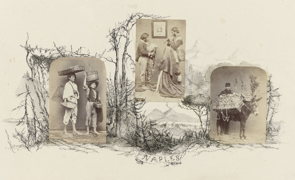 Detail of Naples, genre portrait of two boys, carrying baskets lined by drawing coastal landscape with trees, Italy by Anonymous