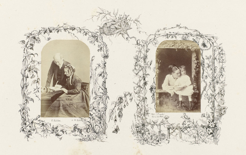 Detail of Portrait of Mrs. T. P. and Tom Carter at studio window, bordered by a drawing of flora with fencing and winch by Anonymous