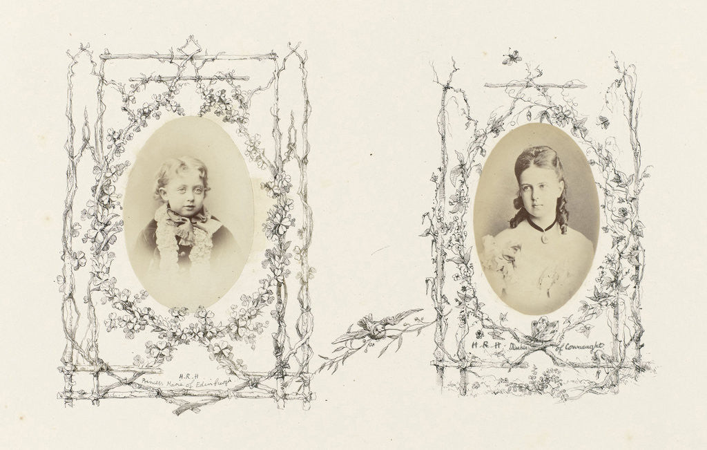 Detail of Portrait of Princess Mary of Edinburgh as a child, surrounded by drawings of flora around fencing by Anonymous