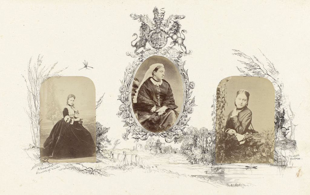 Detail of portrait of Queen Victoria, bordered by drawing of arms and English landscape by Anonymous