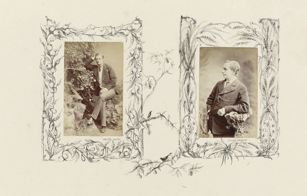 Detail of Portrait Neville Carter in rustic setting, bordered by drawing berries around fencing by Anonymous