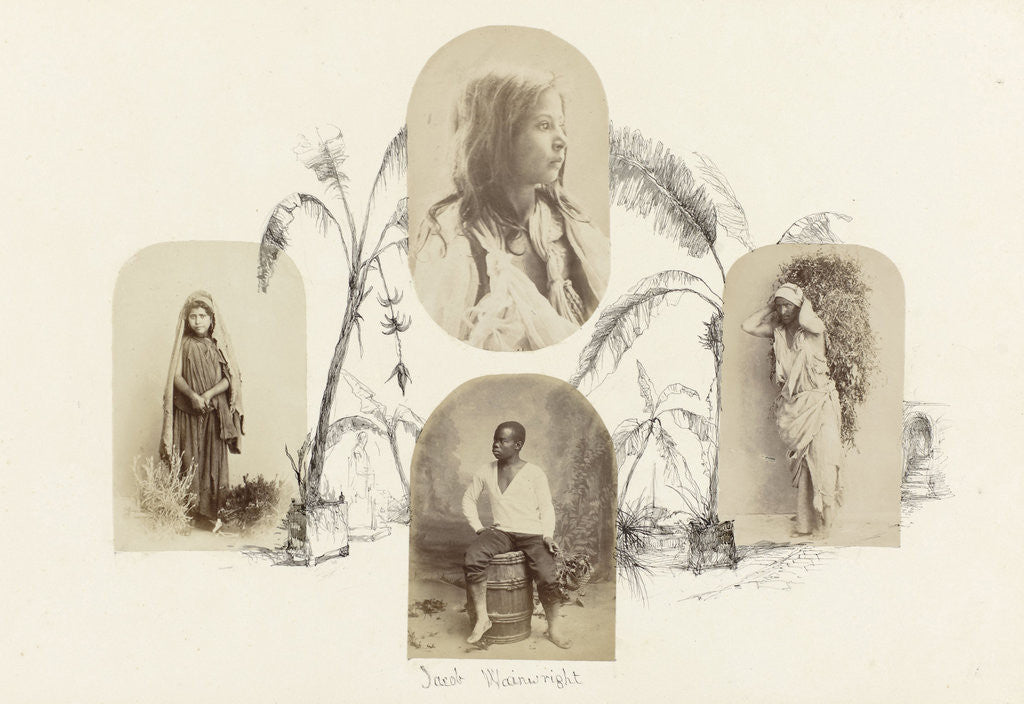 Detail of India, genre portrait of veiled girl drawing lined by palm trees by Anonymous