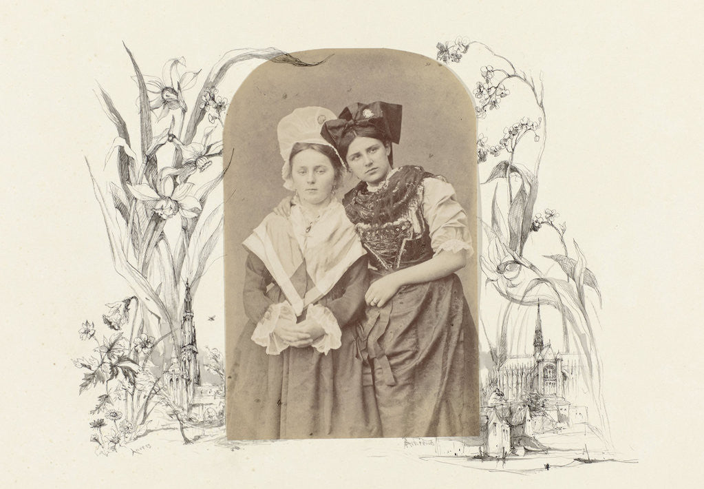 Detail of Antwerp, Belgium, genre portrait of two girls in costume surrounded by flora and city profile by Anonymous