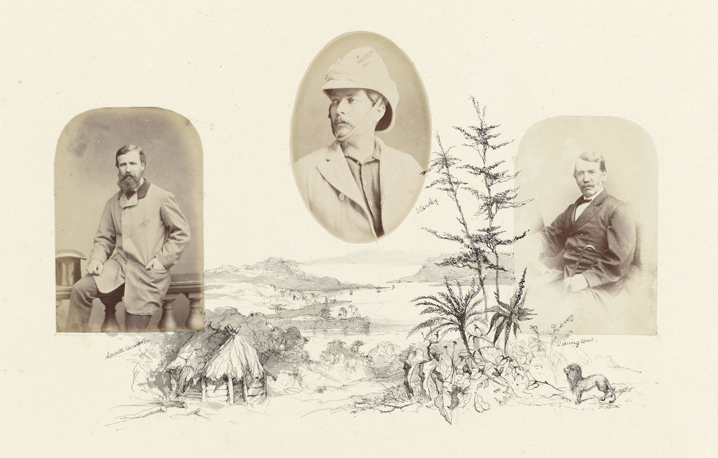 Detail of Portrait of Livingstone bordered by a drawing of an African landscape with hut, bay and lion by Anonymous