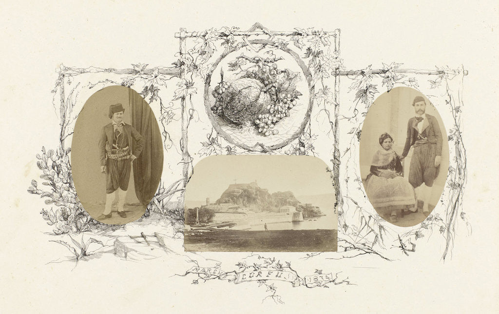 Detail of Corfu, portrait of man in costume, surrounded by drawings of flora around branches framework by Anonymous