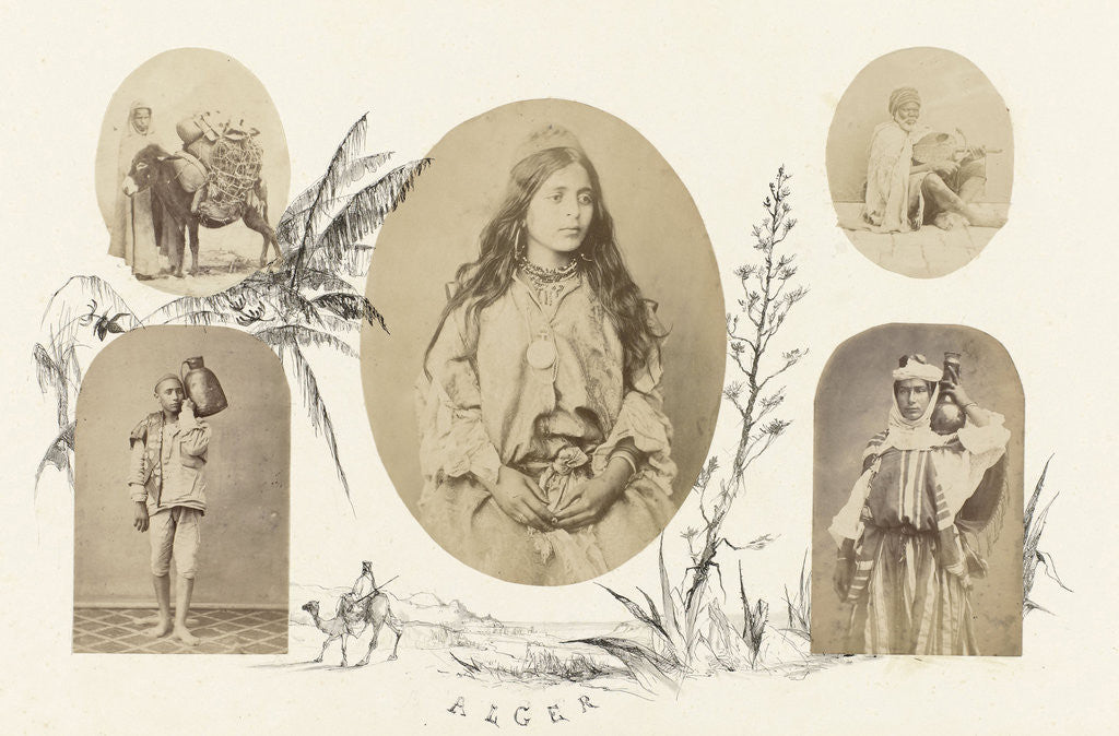 Detail of Algiers, genre portrait of boy with jug on shoulder bordered by drawing of palms and coast by Anonymous