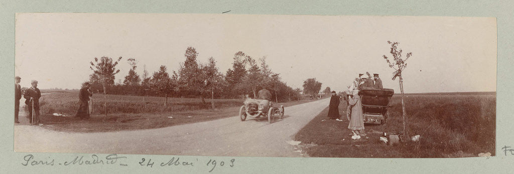 Detail of Country road with two cars and spectators by Anonymous
