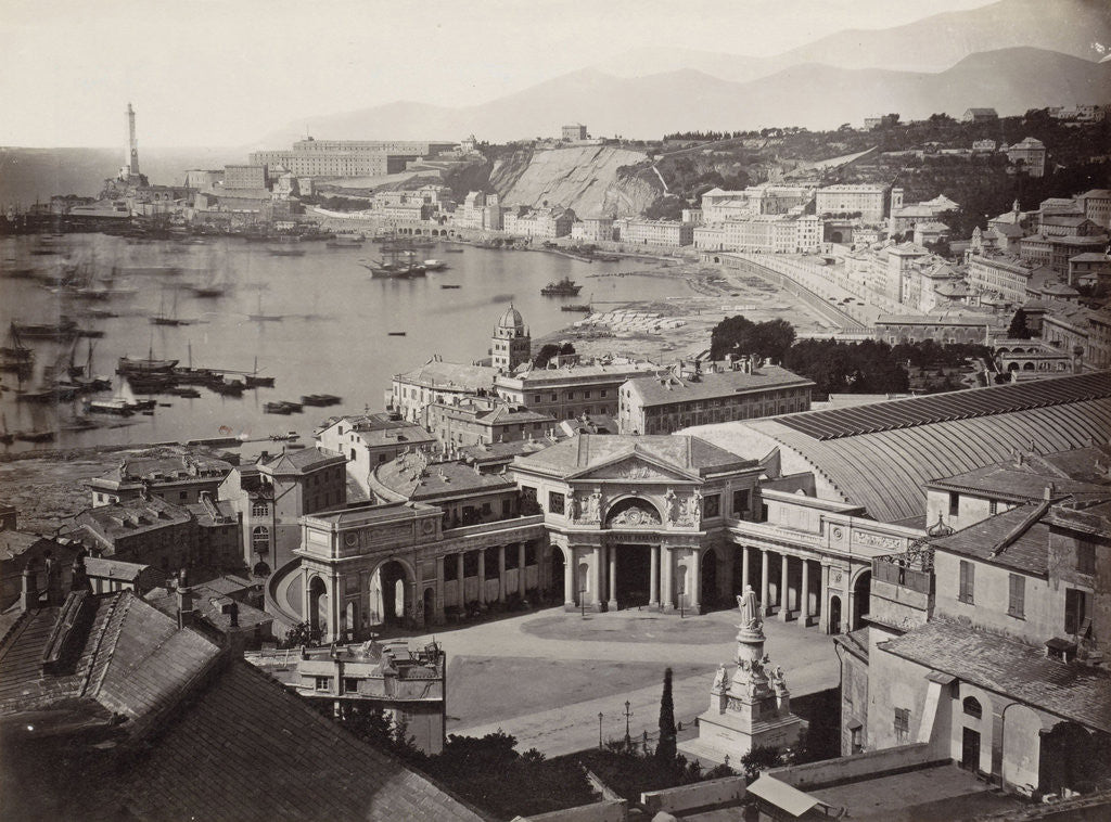 Detail of View of the bay of Genoa with a railway station in the foreground, Italy by Anonymous