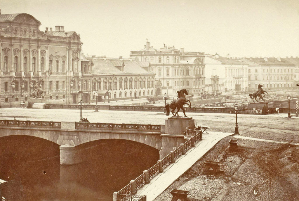 Detail of Anitschkowbrug with images of the horse tamers in St. Petersburg Russia by A. Lorens