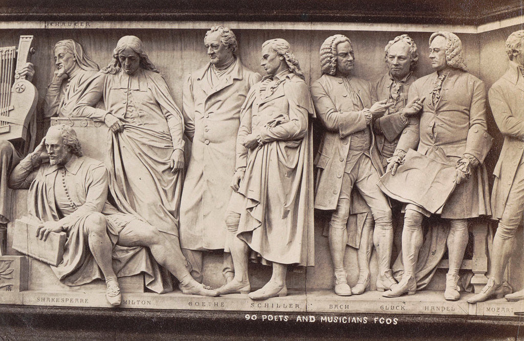 Detail of Part of the Parnassus frieze at the base of the Albert Memorial in London UK, poets and musicians by F.G.O. Stuart