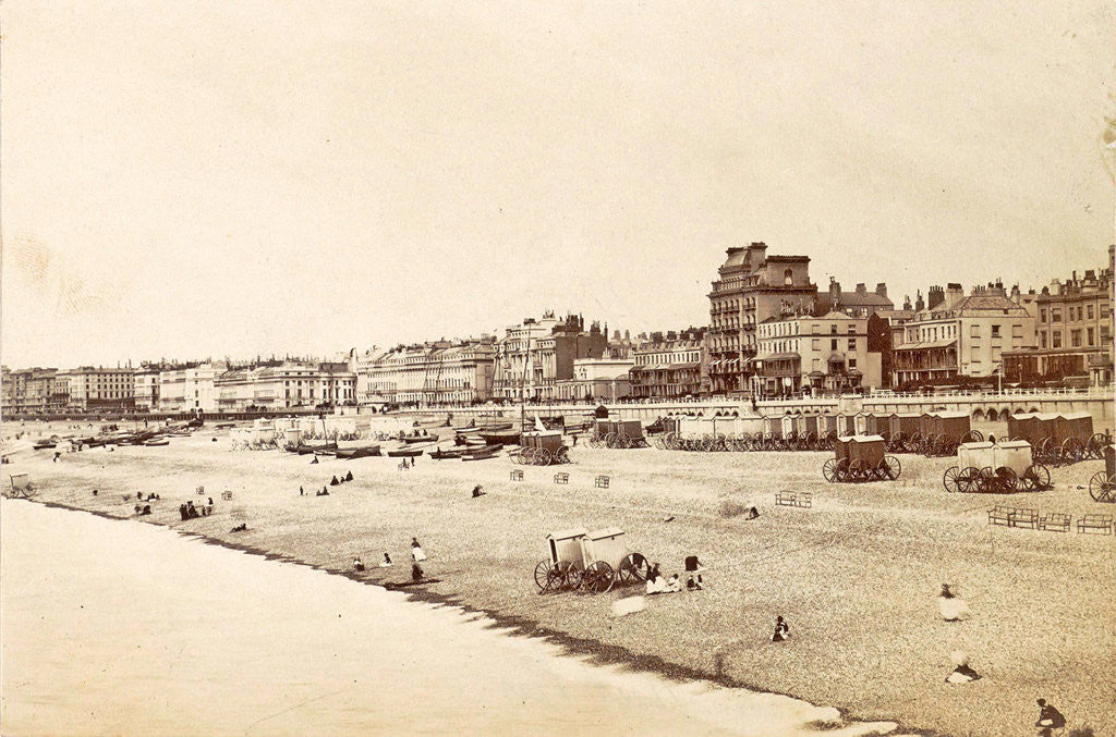 Detail of Buildings, bathers and bathing carriages on Brighton beach UK by Anonymous