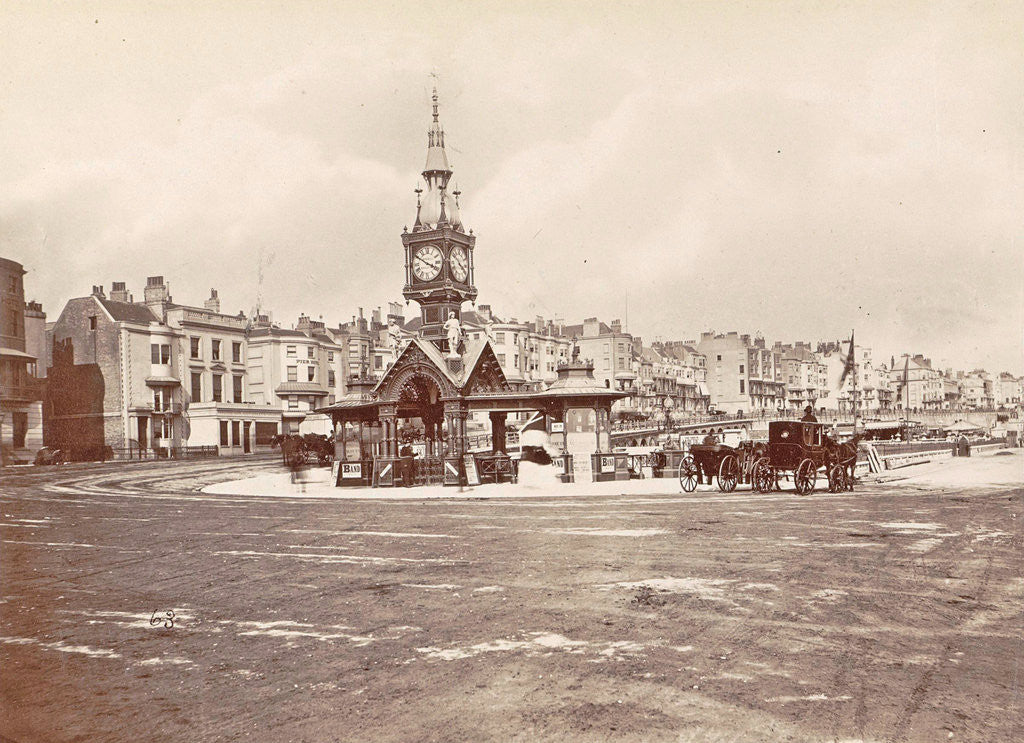 Detail of Aquarium Clock Tower Brighton, waiting beside horse carriages UK by Anonymous