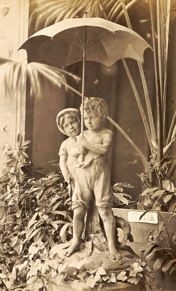 Detail of Picture of two children under an umbrella in the midst of plants, exhibited at the Paris, France World Exhibition in 1889 by Anonymous