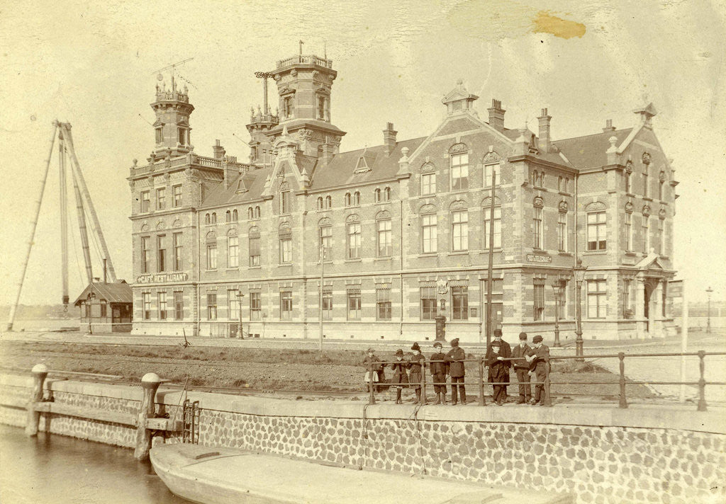 Detail of Restaurant with post and telegraph building on the Eastern Docklands in Amsterdam by Anonymous