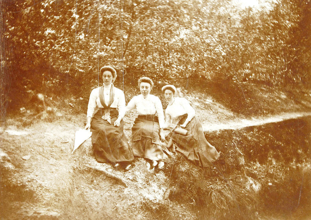 Detail of Three women sitting in a forest near a path by Anonymous