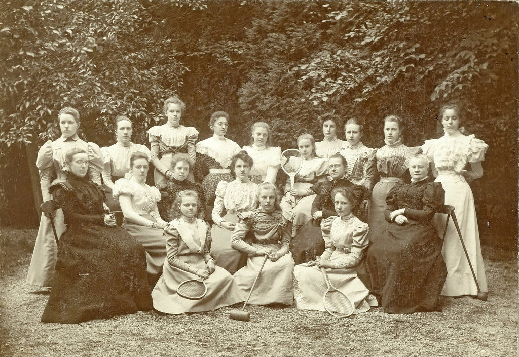 Detail of Group portrait of girls and teachers, with tennis and cricket stick by Blitz en Zn