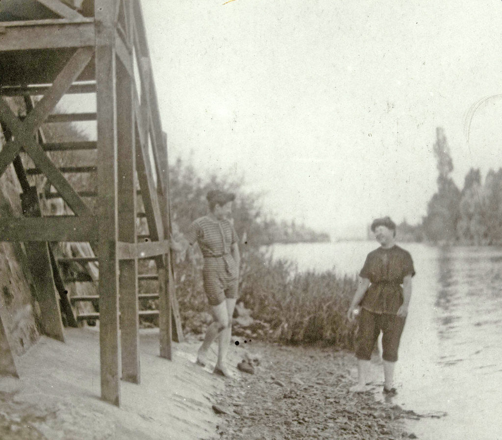 Detail of Two women at a stairway on the bank of a river or lake by Anonymous
