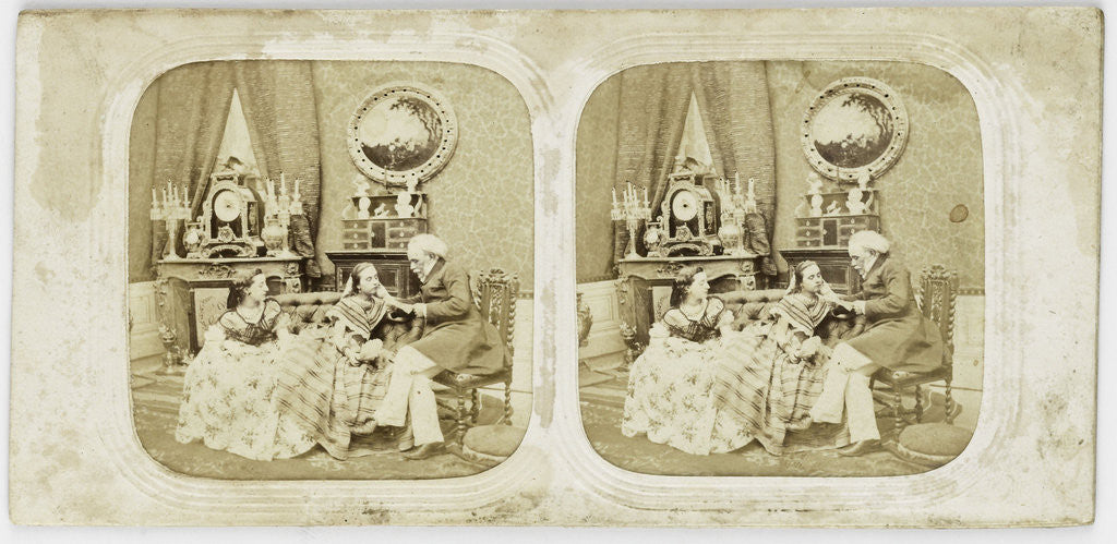 Detail of Scene in living room, man reads two women letter by Anonymous