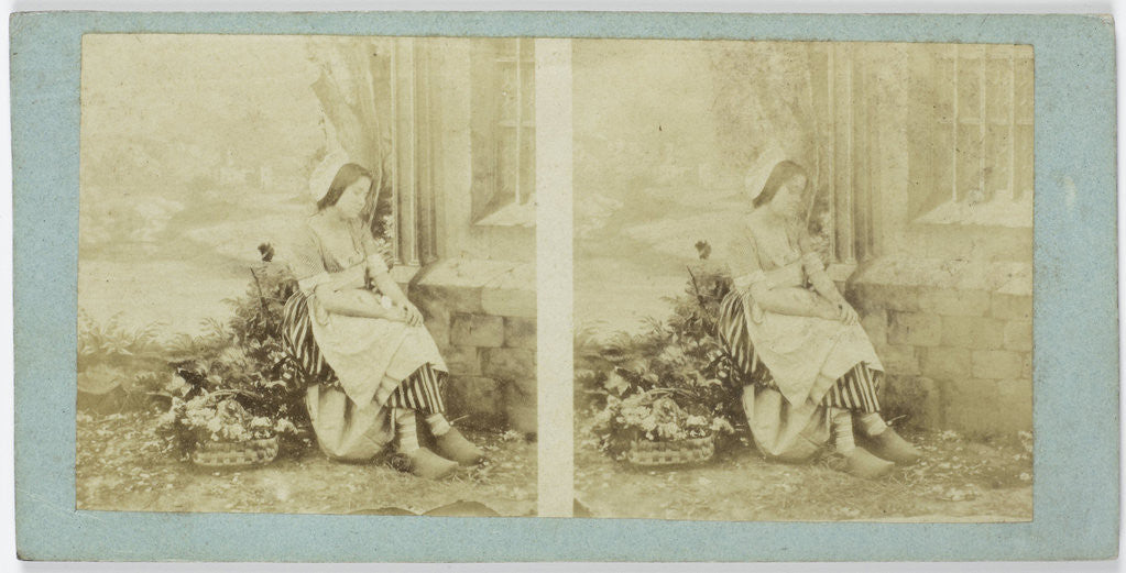 Detail of Scene for home: young woman with clogs and flower basket by Anonymous