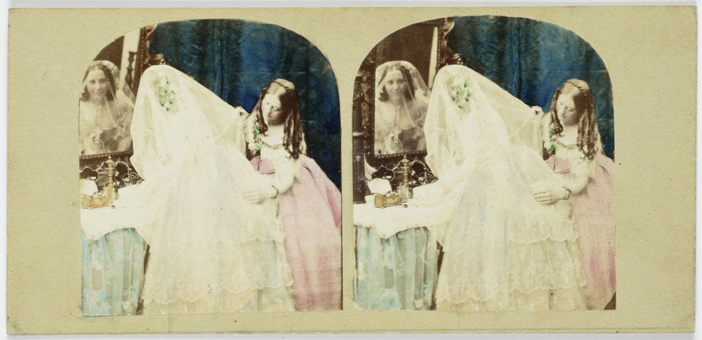 Detail of Scene in boudoir: bride and bridesmaid make toilet by Anonymous