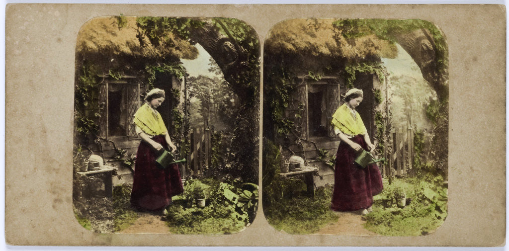 Detail of Scene with Cottage: young woman watering plants by Anonymous