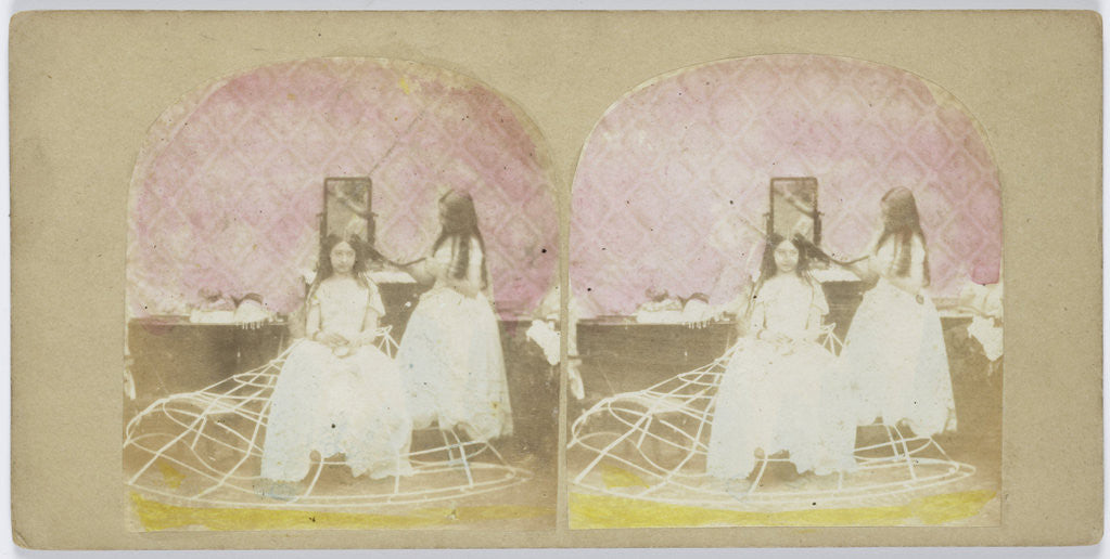 Detail of Scene in boudoir: girl combs hair of another girl in crinoline by Anonymous